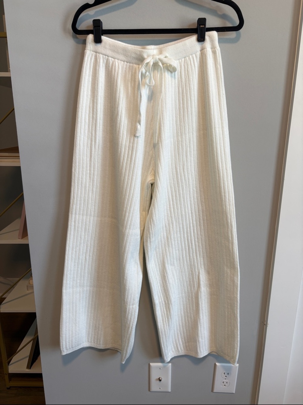 Ivory Ribbed Knit Wide-Leg Pants